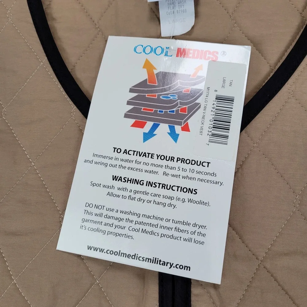 Cool Medics Cooling Vest Tan Black Trim V-Neck Zip‎ Up Large Mens New